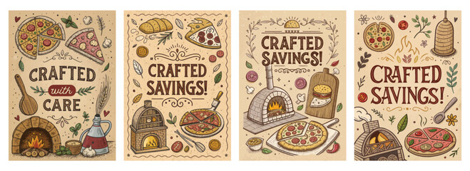 Colorful hand-drawn illustrations promoting crafted savings related to pizza and baking.