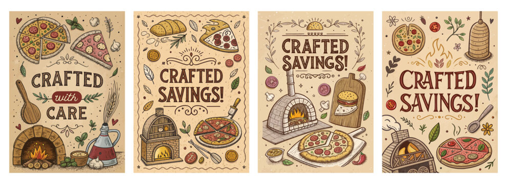 Colorful hand-drawn illustrations promoting crafted savings related to pizza and baking.