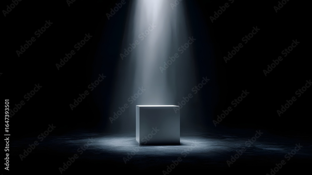 Wall mural empty display cube with spotlight beam showcasing a product