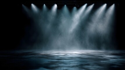 Illuminated stage with dramatic lighting and fog