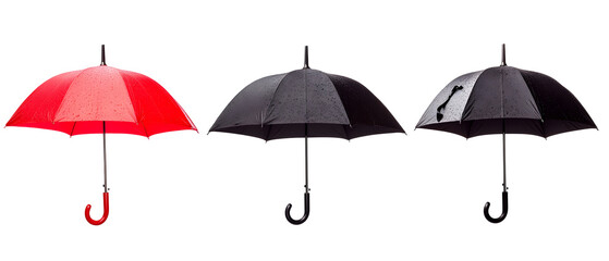 Obraz premium Three Umbrellas Displayed Against A Transparent Background With Water Droplets Presenting A Monochrome Set With Red And Black Colors