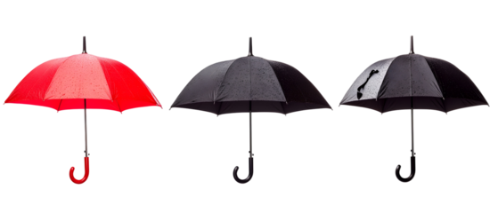 Three Umbrellas Displayed Against A Transparent Background With Water Droplets Presenting A Monochrome Set With Red And Black Colors