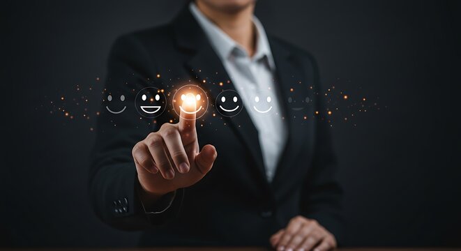 Businesswoman Touching Smiley Face Icon in Digital Interface with Confidence and Innovation