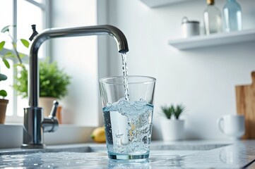 Refreshing glass of water being poured in sunlit kitchen