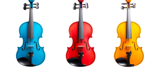 Three Colorful Violins Displayed Against Transparent Background Showcasing 