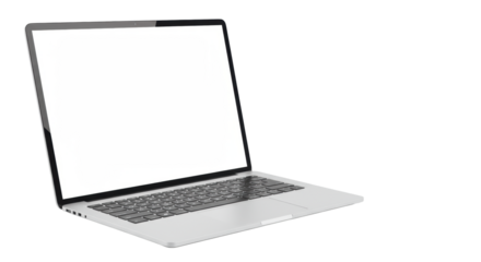Sleek, modern, silver laptop, open, blank white screen, keyboard and trackpad visible, isolated on a transparent seamless background with copy space, concept of digital solutions and new beginnings
