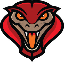 Fierce red cobra mascot with fangs and orange eyes