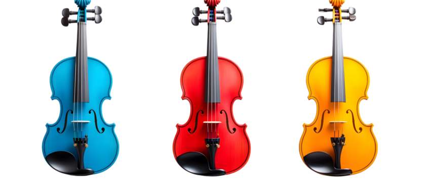 Three Colorful Violins Displayed Against Transparent Background Showcasing 