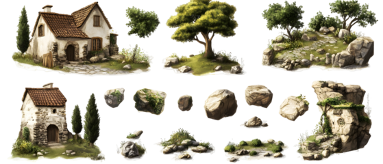 Detailed Set Of Village Assets Featuring Houses Trees Rocks And Greenery Elements Against A Transparent Background