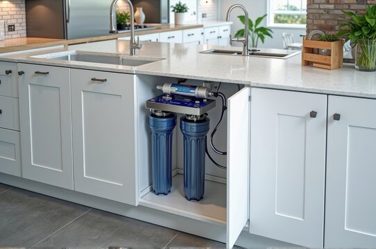 Modern kitchen with built-in water filtration system and white cabinets