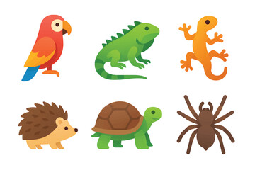 Naklejka premium Collection of vibrant and whimsical cartoon-style animal illustrations including a parrot, iguana, gecko, hedgehog, turtle, and spider, showcasing a diverse range of exotic and unique animals.