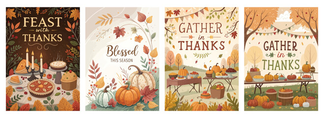 Autumn-themed illustrations celebrating gratitude and festive gatherings with warm colors and seasonal elements.