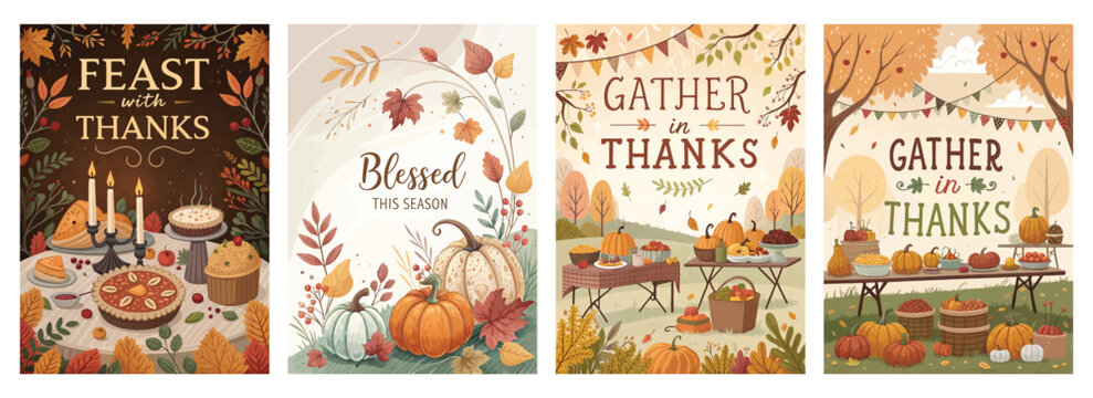 Autumn-themed illustrations celebrating gratitude and festive gatherings with warm colors and seasonal elements. - Powered by Adobe