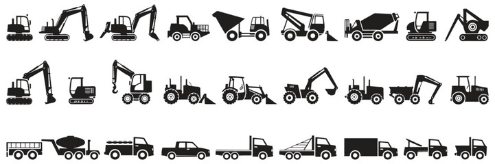 Construction equipment and trucks in black and white offers versatile options for building or transport design.