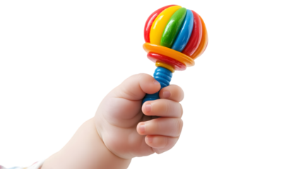 A baby's hand holding a colorful rattle toy with a blue handle against a black background close up view