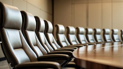 A row of black leather conference chairs arranged around a large wooden meeting table.