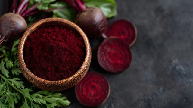 Aerial shot of vibrant beetroot powder in a wooden bowl, encircled by fresh beet slices and herbs, highlighting the fusion of natural ingredients and culinary innovation.