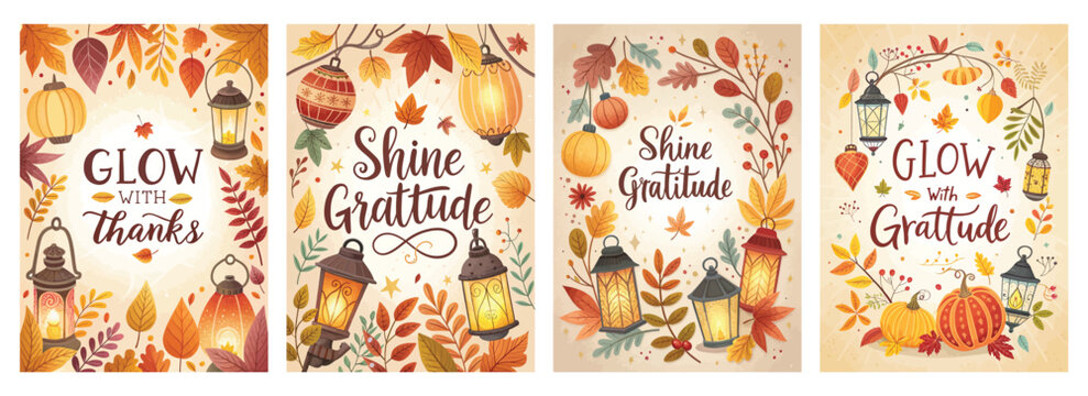 A vibrant autumn-themed collection featuring warm lanterns, colorful leaves, and messages of gratitude.