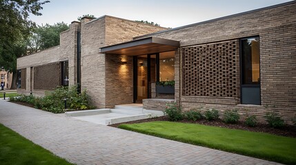 Modern Brick Building Exterior with Landscaped Walkway and Contemporary Design