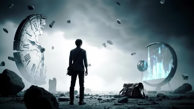 A lone figure stands amidst a desolate landscape, a shattered clock and a futuristic cityscape hologram looming behind