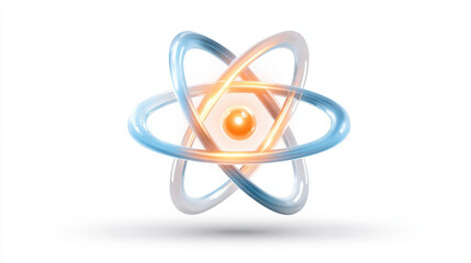 Glowing neon atomic structure icon with central orange nucleus and orbiting blue and white rings, symbolizing energy, science, and molecular concepts