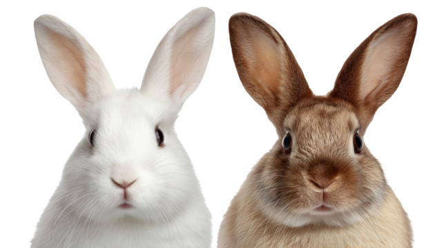 Two rabbits: one white, one brown