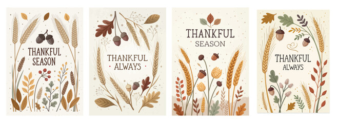 A collection of four autumn-themed cards with floral designs and thankful messages, celebrating the season.