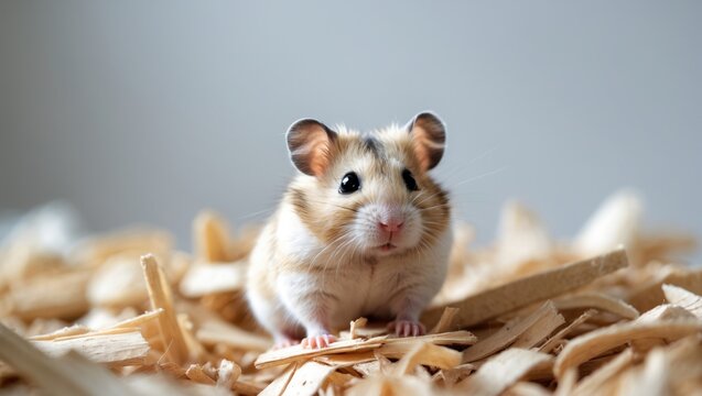 A cute hamster on wood shavings with a soft background. - Powered by Adobe