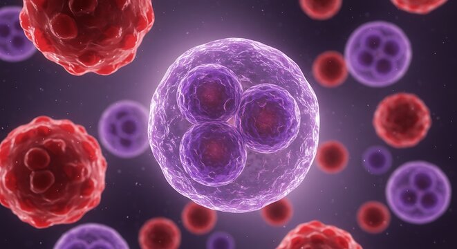 Microscopic View of Human Stem Cells in Purple and Red Colors Under Scientific Illustration - Powered by Adobe