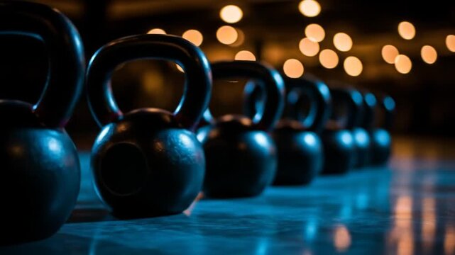 Row of Kettlebells in Dark Gym Setting