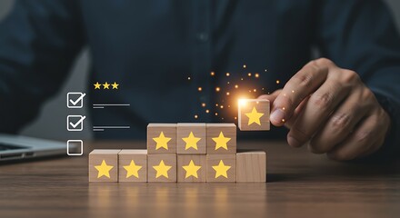 Businessman Hand Placing Star on Wooden Blocks with Rating Icons and Spark Effects