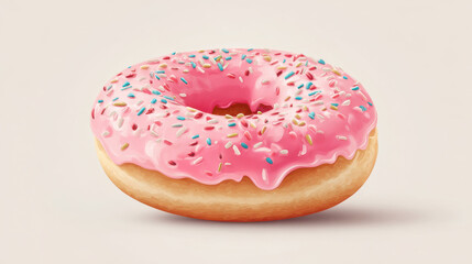 Delicious pink frosted donut with colorful sprinkles on light background, showcasing sweet and appetizing treat
