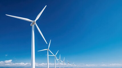Tall wind turbines rotate gracefully against a bright blue sky, harnessing wind to produce clean energy. The wind farm stretches across the landscape with a sense of tranquility