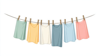 Colorful towels hanging on clothesline with wooden clothespins, drying in air. illustration features clean and minimalistic design with pastel shades, evoking fresh and tidy atmosphere
