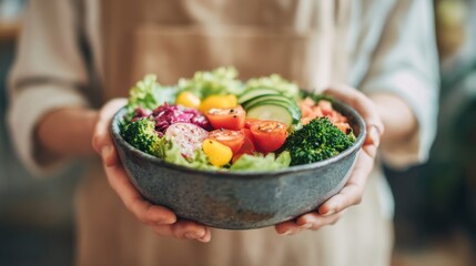A person holds a large bowl of vibrant, freshly prepared salad filled with various vegetables like lettuce, tomatoes, cucumbers, and broccoli in a warm, inviting kitchen
