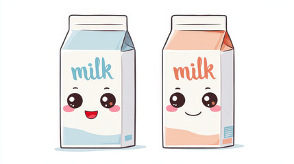 Cute milk cartons with smiling faces in kawaii style, one in blue and other in peach, showcasing cheerful expressions and pastel colors
