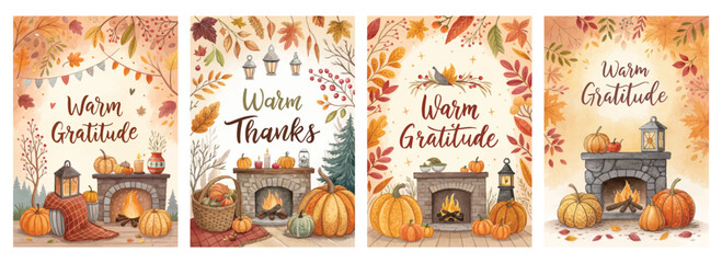 Four cozy autumn-themed illustrations featuring warm gratitude and thanks with pumpkins and fireplaces.