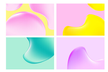 Liquid pink, yellow, blue 3D inflated blobs shape, gradient background with copy space. Fluid iridescent fluid water texture, close up cosmetic gel, serum texture. Elegant beauty presentation.