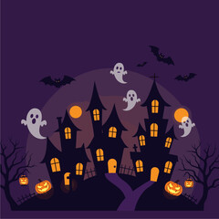Creepy Haunted House Halloween Night Scene with Ghosts, Bats, and Pumpkins