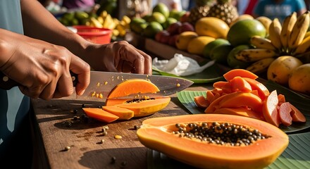 Hands slicing a ripe papaya on a wooden board, surrounded by other tropical fruits at an outdoor market.