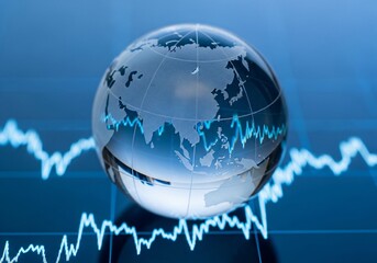 Global Finance Crystal Globe on Stock Market Graph International Business Concept