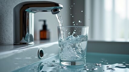 Clear glass of water filling from modern faucet in well-lit bathroom setting