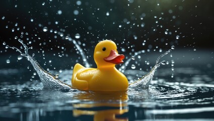 Yellow rubber duck floating on water with splashes.