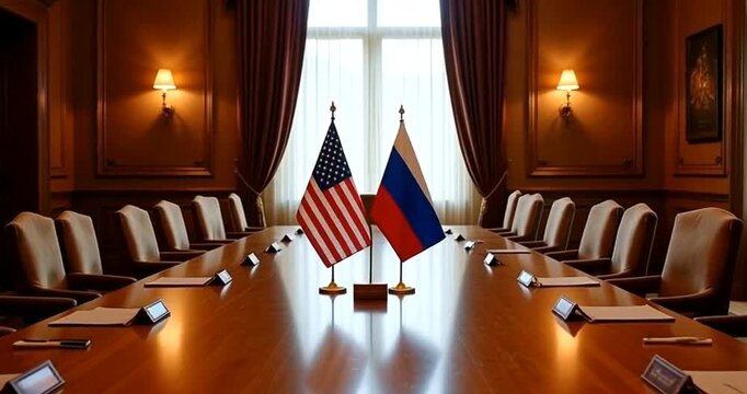 Conference room with us and russian flags on table