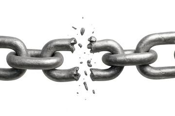 Obraz premium Steel chain shattering, metal fragments dispersing dynamically, symbolizing personal breakthrough, liberation from constraints, power of resilience against limitations