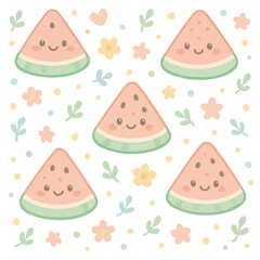 Cute Handdrawn Kawaii Watermelon Slice with Floral and Leaf Pattern