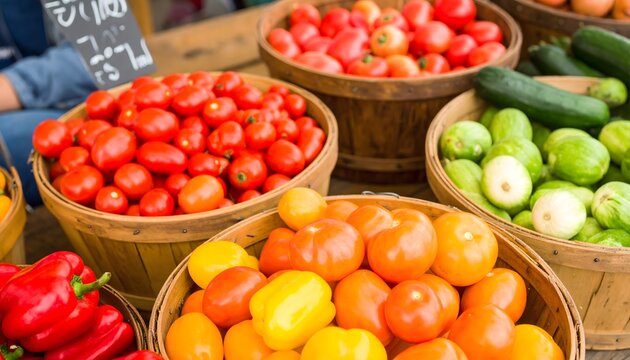 Vibrant farmers market scene with fresh produce in baskets, a perfect way to celebrate World Food Day. - Powered by Adobe
