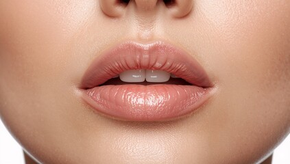Naklejka premium Close up of a female lips slightly parted with glossy finish on plain white background