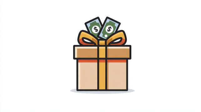Gift box with ribbon and two dollar bills sticking out, symbolizing monetary gift or financial reward. design is simple, colorful, and cartoony, with clean style