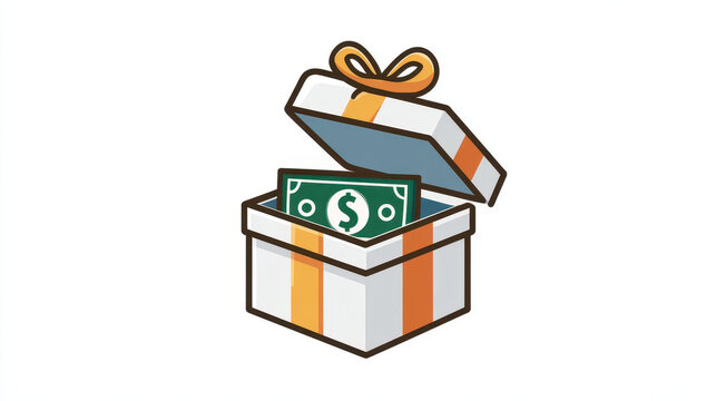Colorful illustration of gift box with orange ribbon, opened to reveal dollar bill inside, symbolizing monetary gift or financial reward. design is simple and cartoony
